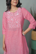Pink Hand Embroidered Cotton A-Line Kurta Set with White Pants (set of 2)