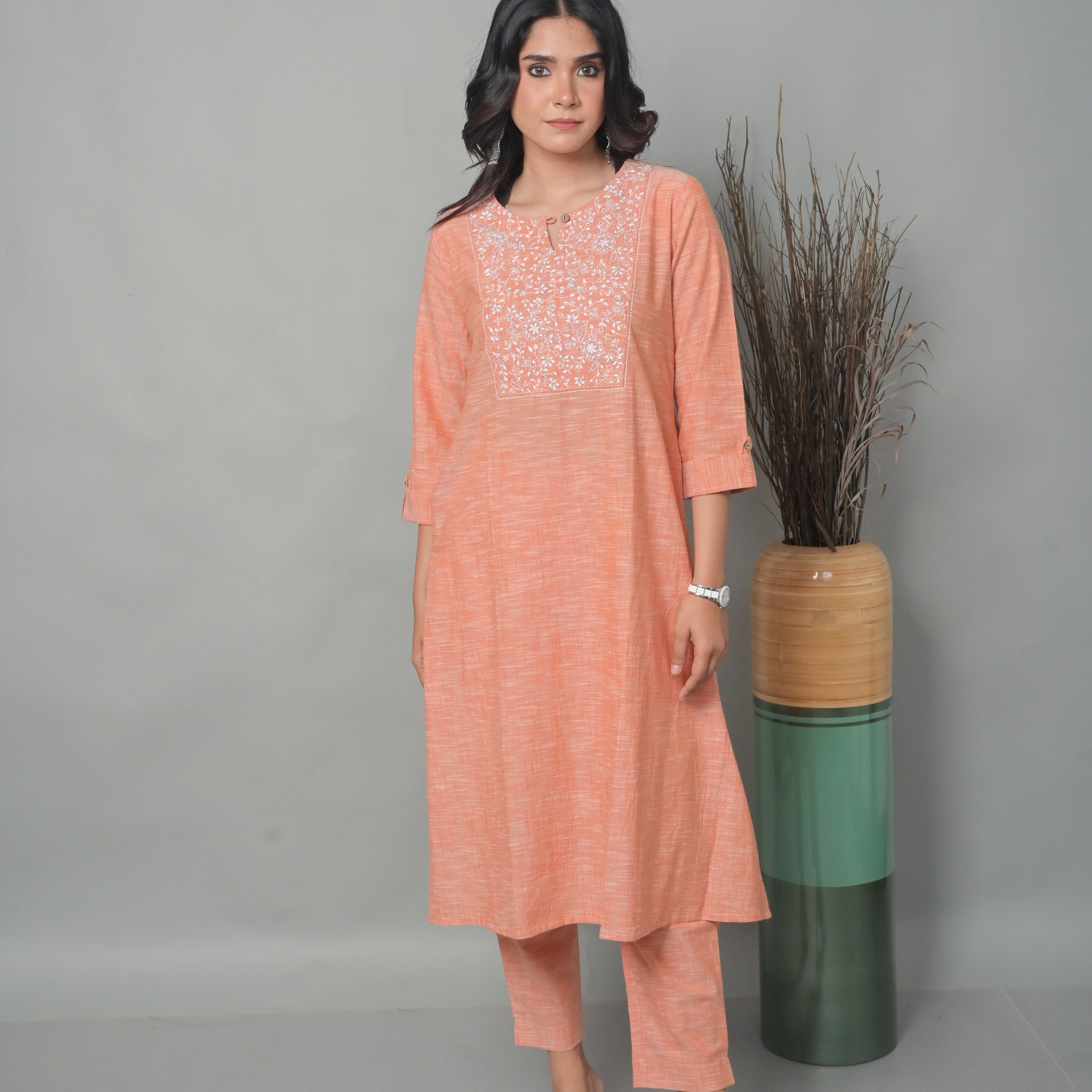 Coral A-Line Kurta with Floral Kantha Yoke