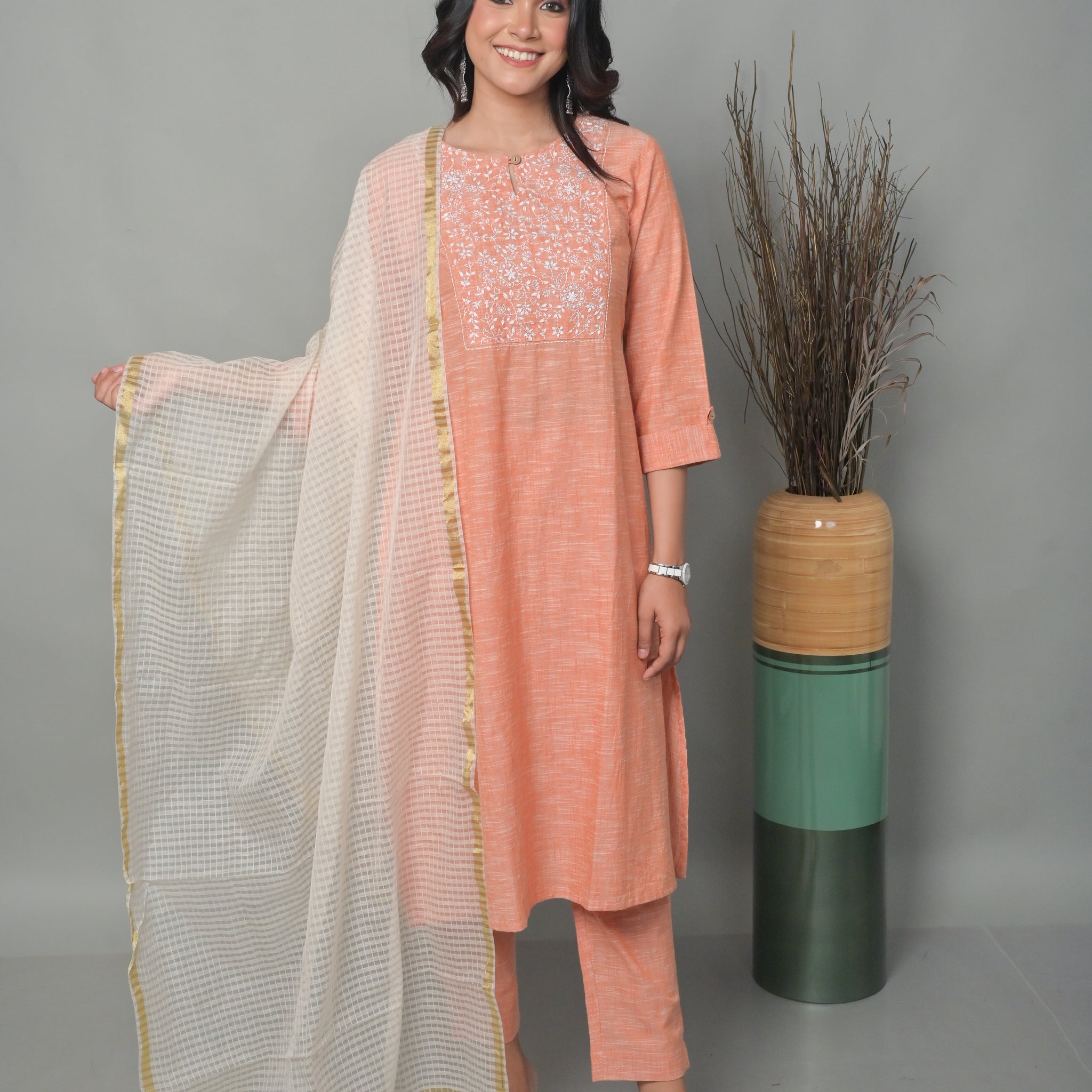Coral A-Line Co-ord with Floral Hand Embroidery Detailing (Set of 2)