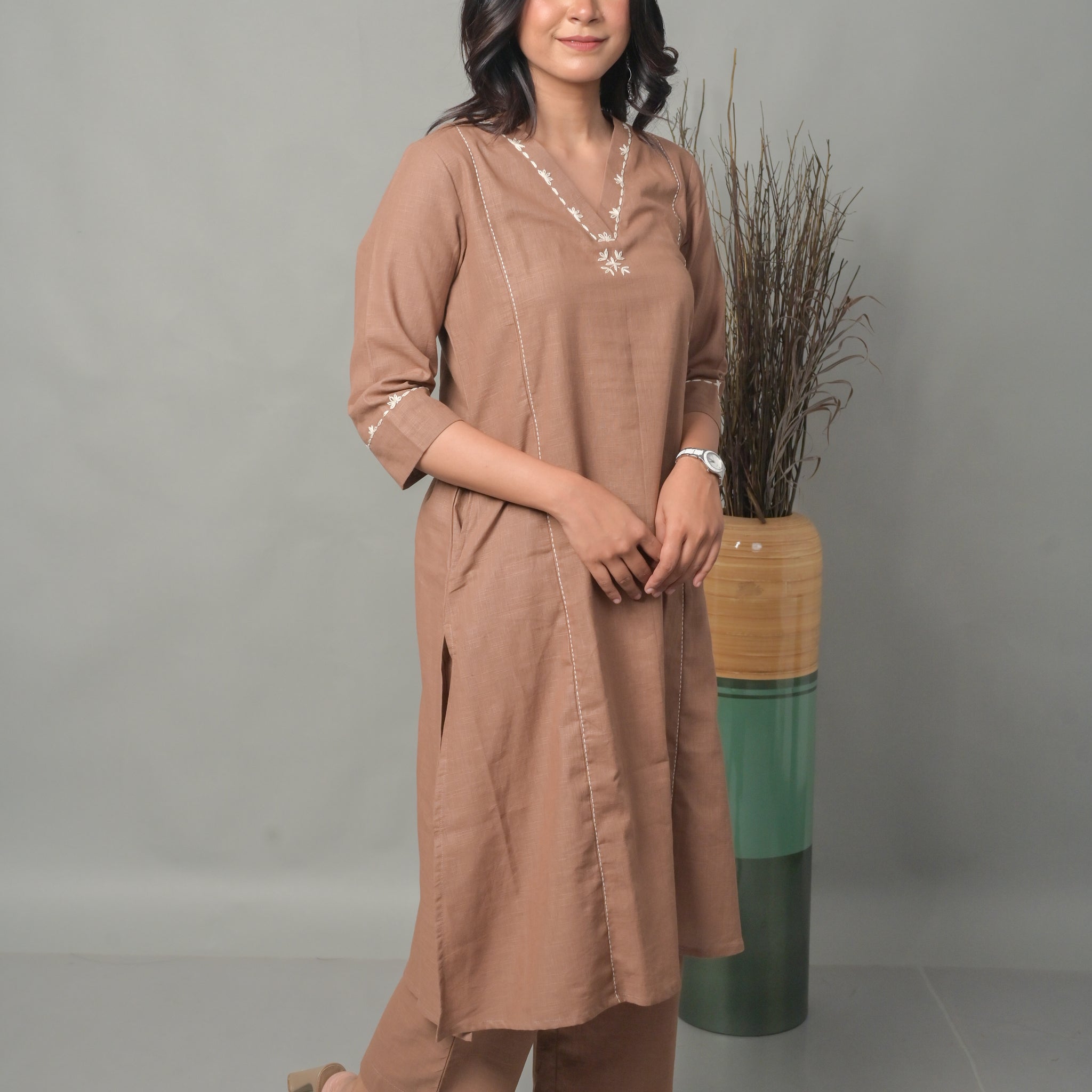 Mocha Brown A-Line Co-ord Set with Neck Detailing (Set of 2)