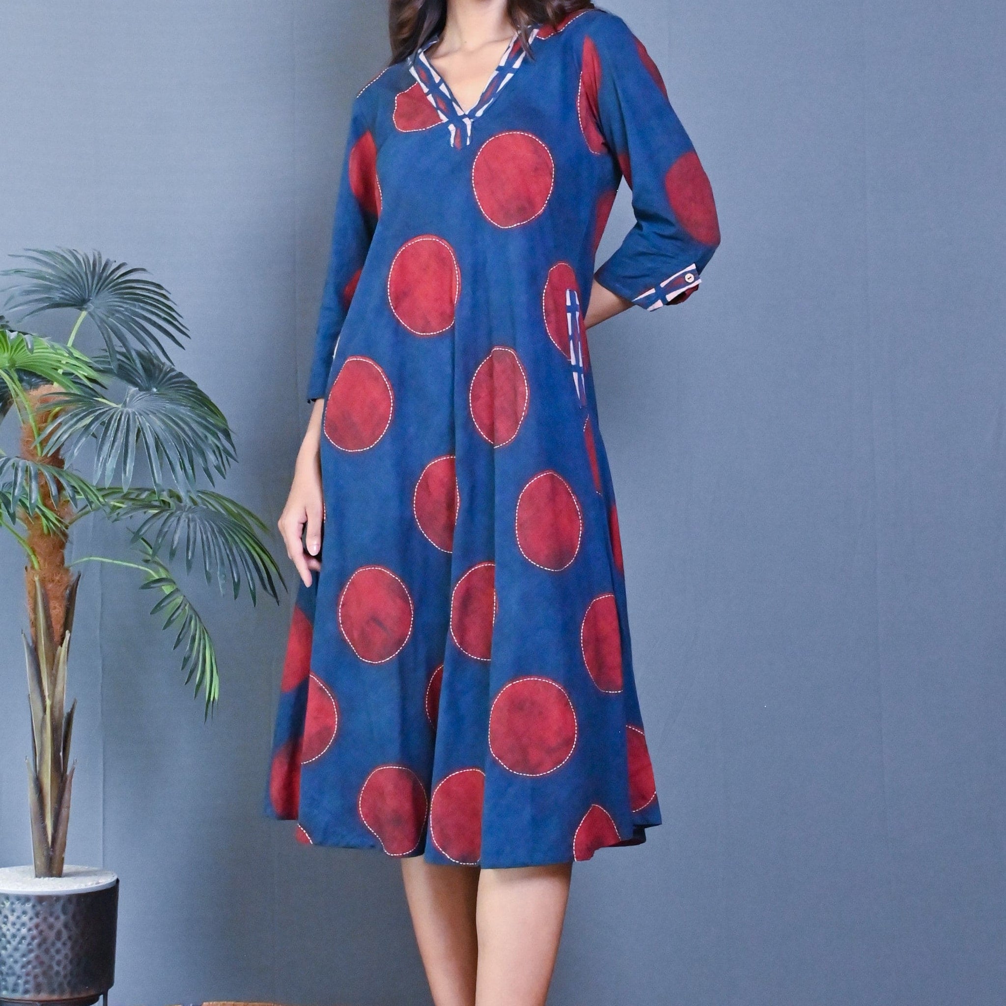 Indigo Ajrakh Block Printed Bias Dress With Kantha Embroidery All Over