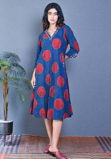 Indigo Ajrakh Block Printed Bias Dress With Kantha Embroidery All Over