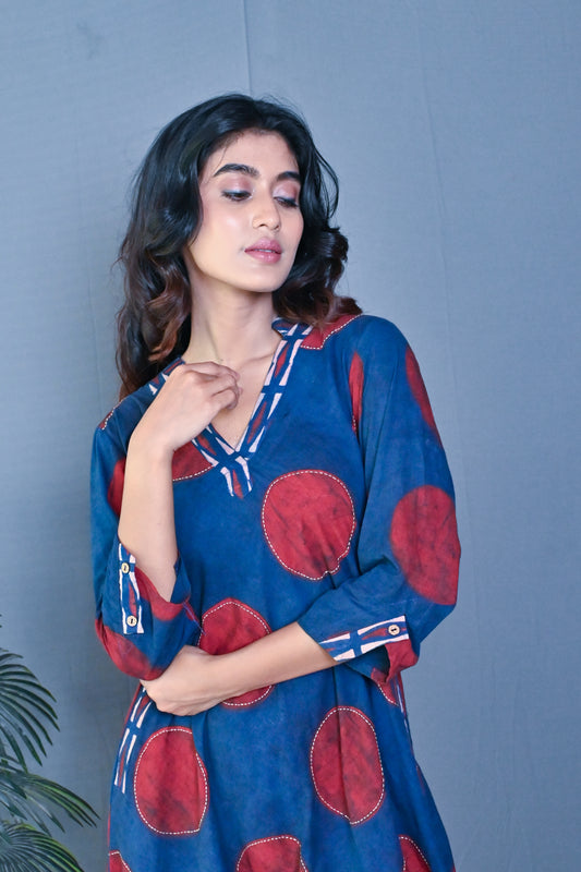 Indigo Ajrakh Block Printed Bias Dress With Kantha Embroidery All Over