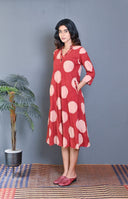 Red Ajrakh Block Printed Bias Dress With Kantha Embroidery All Over