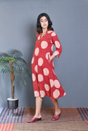Red Ajrakh Block Printed Bias Dress With Kantha Embroidery All Over