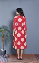 Red Ajrakh Block Printed Bias Dress With Kantha Embroidery All Over