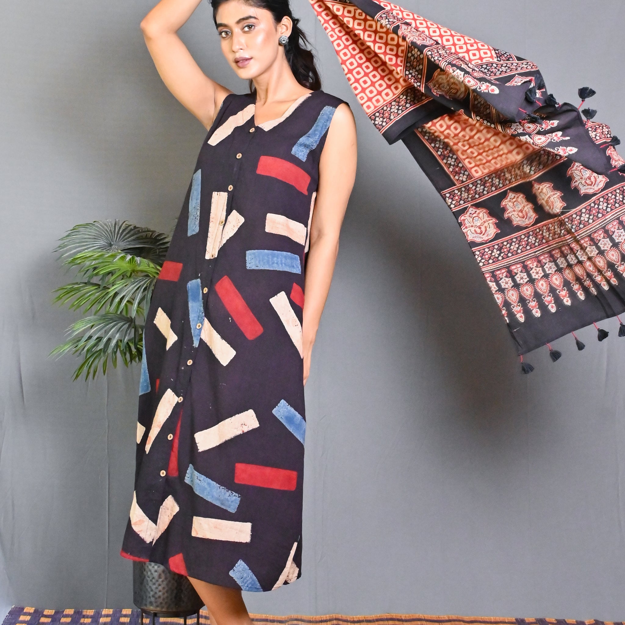 Black Ajrakh Block Printed Sleeveless Dress