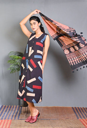 Black Ajrakh Block Printed Sleeveless Dress