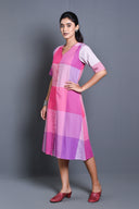 Pink-White Checks Handloom Cotton A-Line Dress
