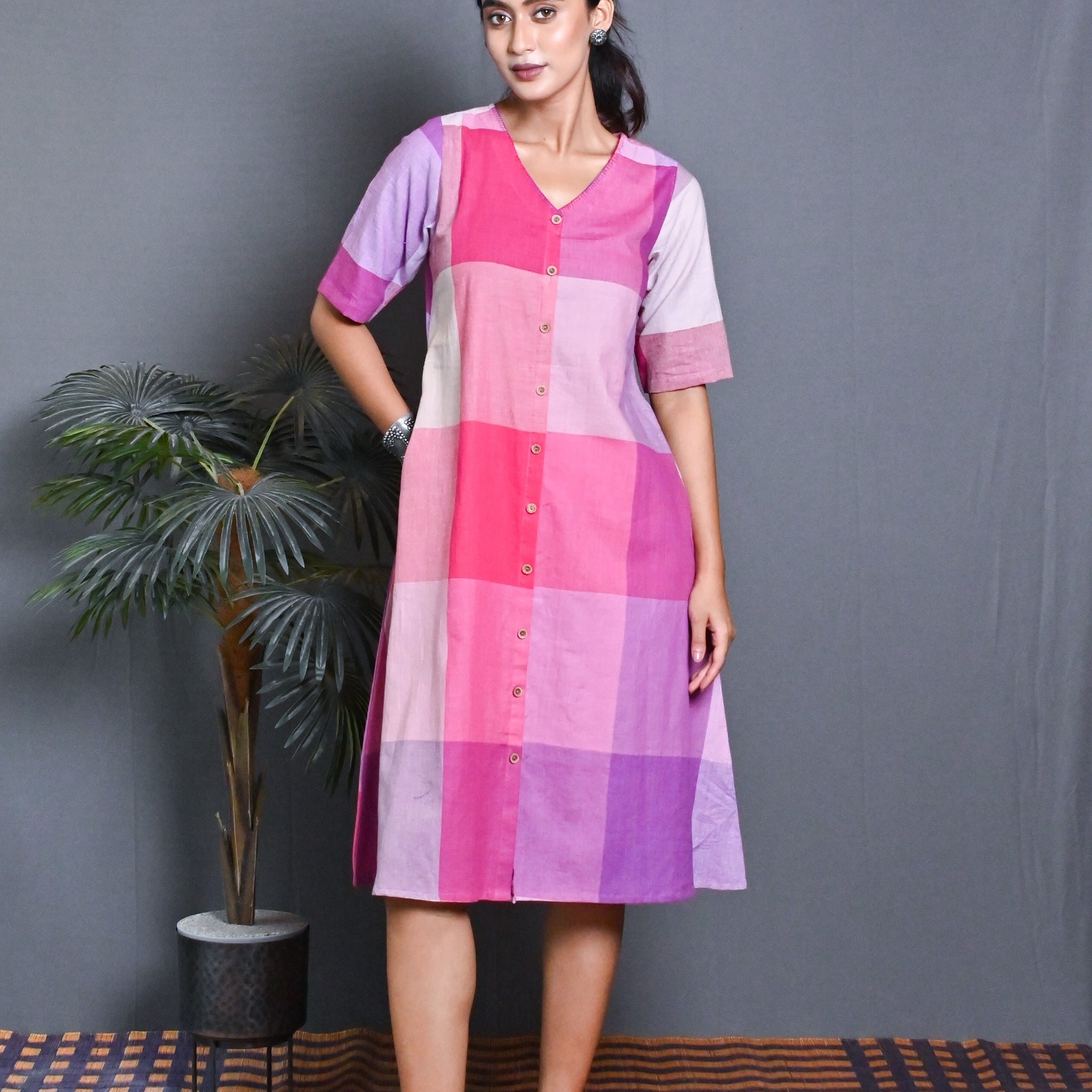 Pink Checks A Line Dress With Kantha Hand Embroidery On Neck