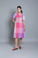 Pink-White Checks Handloom Cotton A-Line Dress