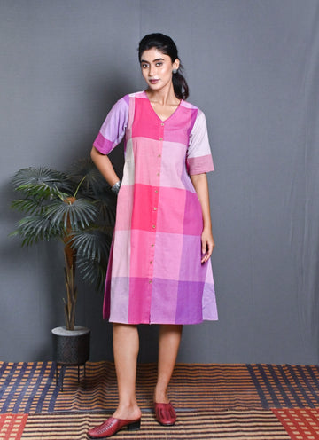 Pink Checks A Line Dress With Kantha Hand Embroidery On Neck