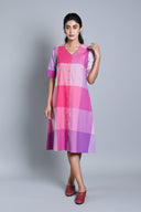 Pink-White Checks Handloom Cotton A-Line Dress