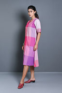 Pink-White Checks Handloom Cotton A-Line Dress