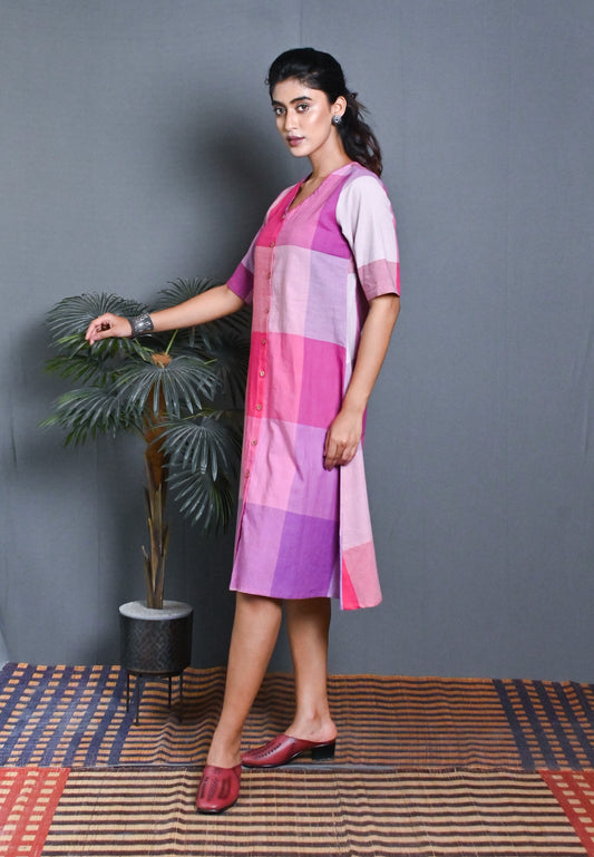 Pink Checks A Line Dress With Kantha Hand Embroidery On Neck