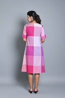Pink-White Checks Handloom Cotton A-Line Dress