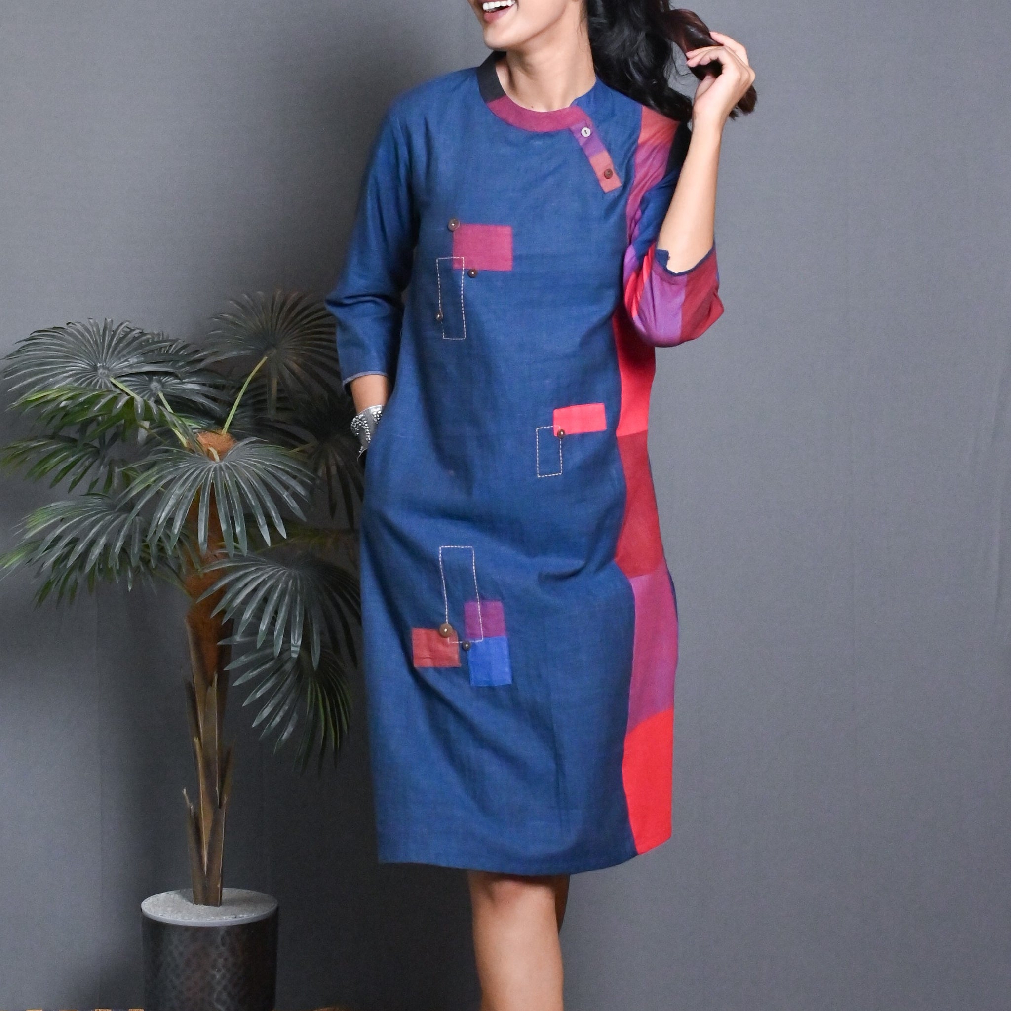 Blue-Red Checks Hand Woven Side Panel Dress With Patch Work & Kantha Hand Embroidery Detailing