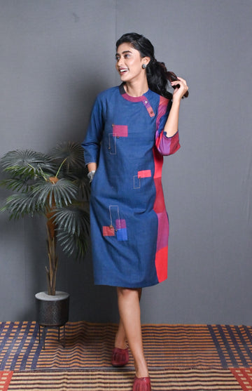 Blue-Red Checks Hand Woven Side Panel Dress With Patch Work & Kantha Hand Embroidery Detailing