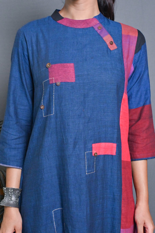 Blue-Red Checks Hand Woven Side Panel Dress With Patch Work & Kantha Hand Embroidery Detailing