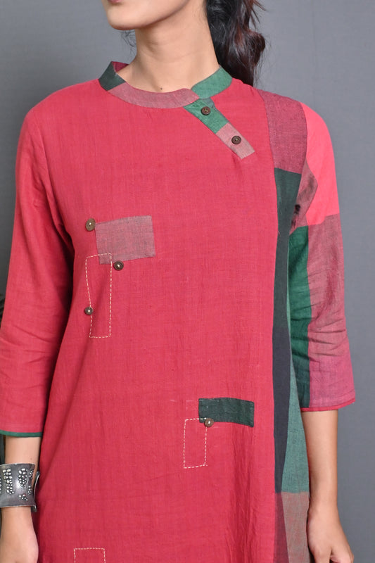 Red Green Checks Hand Woven Side Panel Dress With Patch Work & Kantha Hand Embroidery Detailing