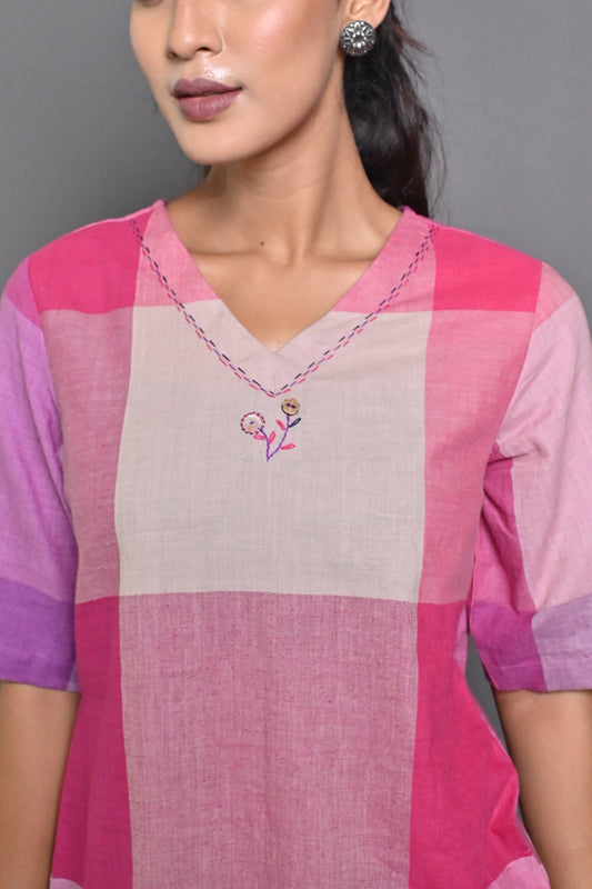 Pink Checks Hand Woven Top With Kantha Hand Embroidery Detailing