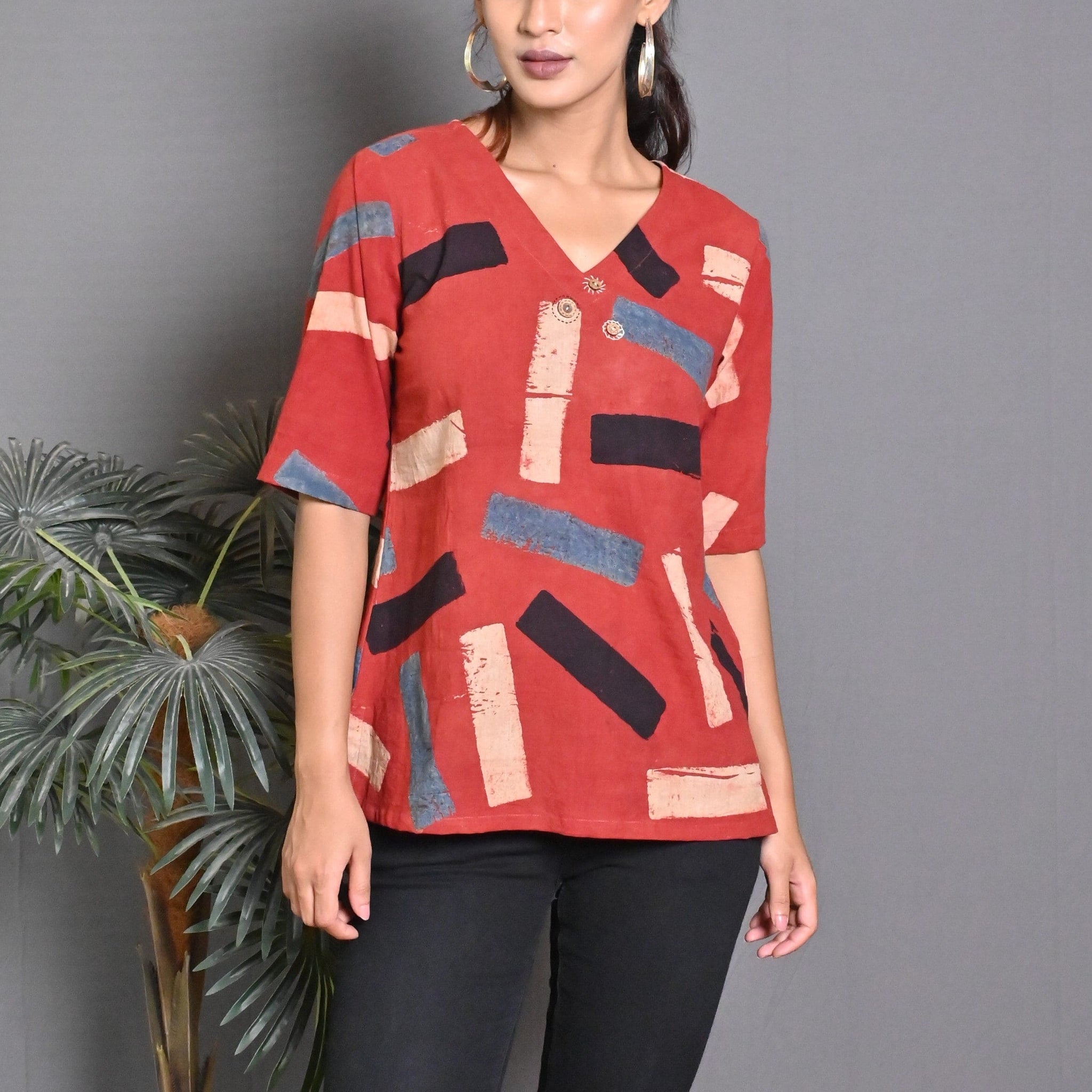 Red Ajrakh Block Printed Top