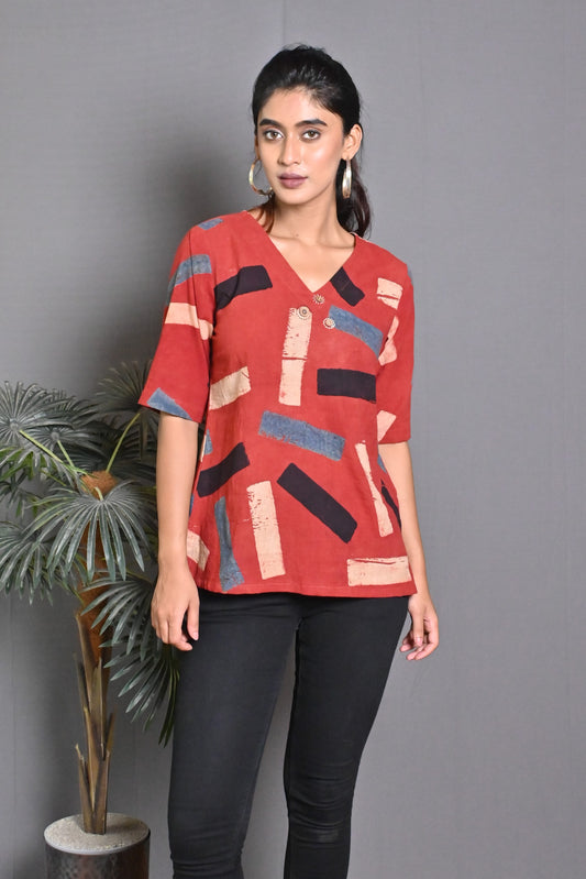 Red Ajrakh Block Printed Top