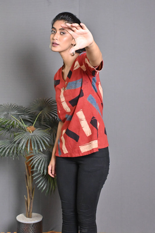 Red Ajrakh Block Printed Top