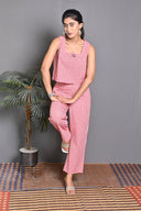 Red Checks Hand Embroidered Cotton Sleeveless Co-ord Set (set of 2)