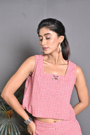 Red Checks Hand Embroidered Cotton Sleeveless Co-ord Set (set of 2)