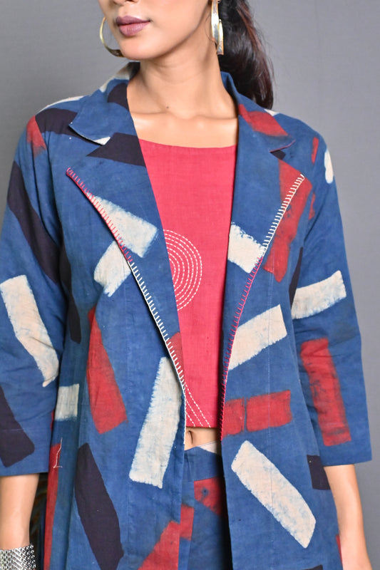 Indigo Overlay Jacket With Kantha Hand Embroidery