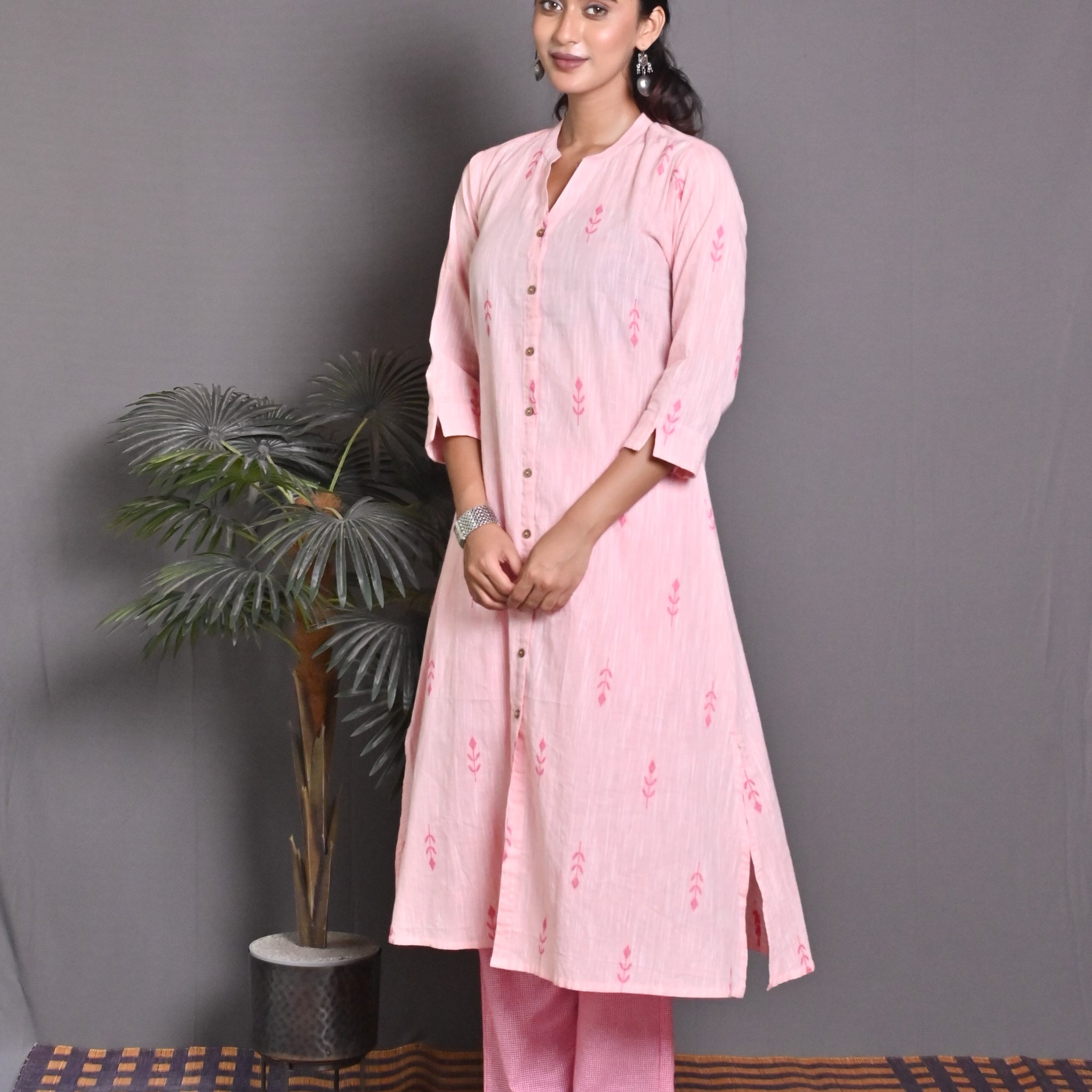 Peach Woven A Line Kurta With Pink Buta All Over