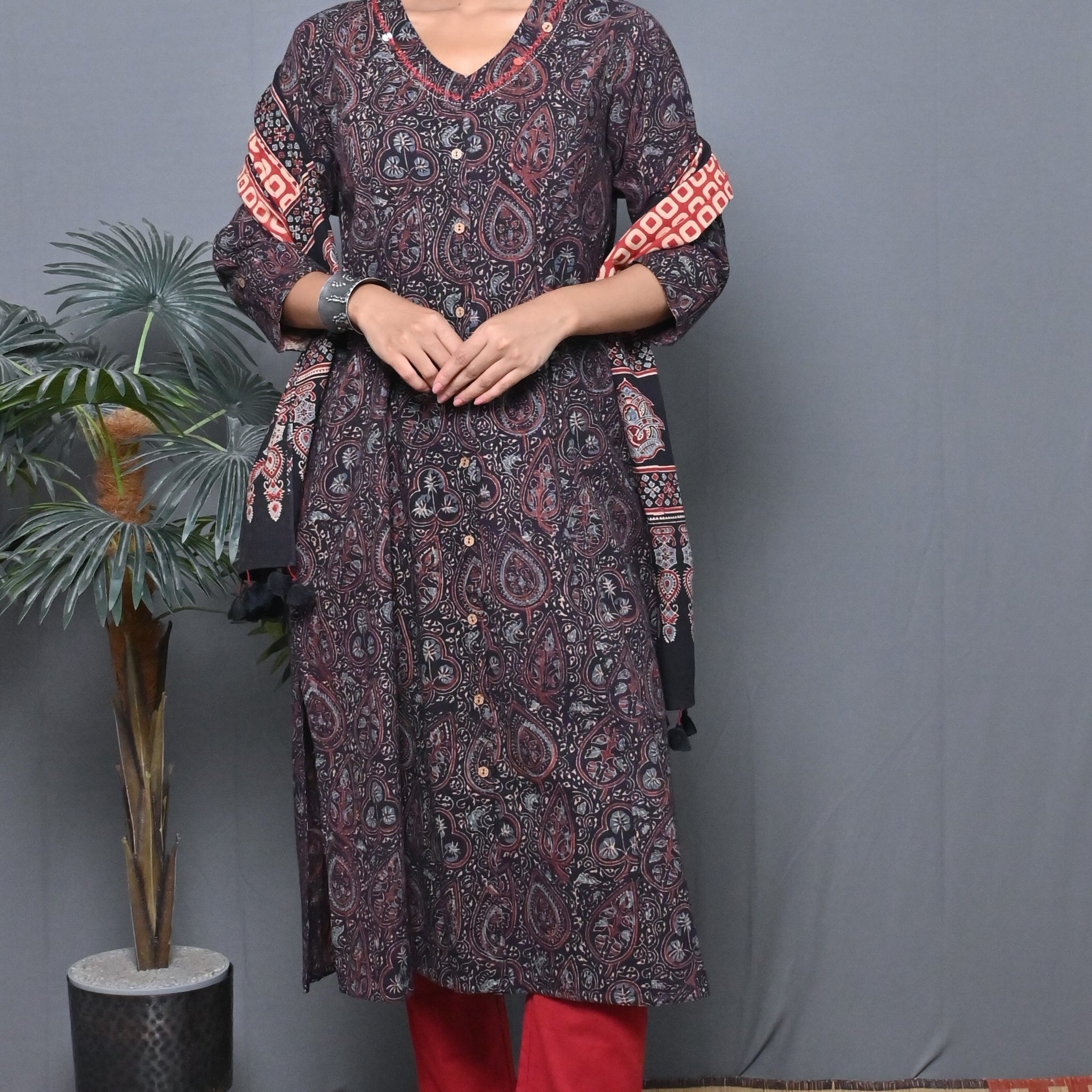 Black Ajrakh Block Printed A Line Kurta With Kantha Hand Embroidery Detailing