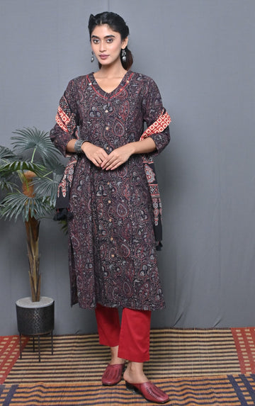 Black Ajrakh Block Printed A Line Kurta With Kantha Hand Embroidery Detailing