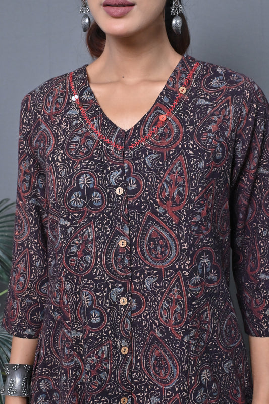 Black Ajrakh Block Printed A Line Kurta With Kantha Hand Embroidery Detailing