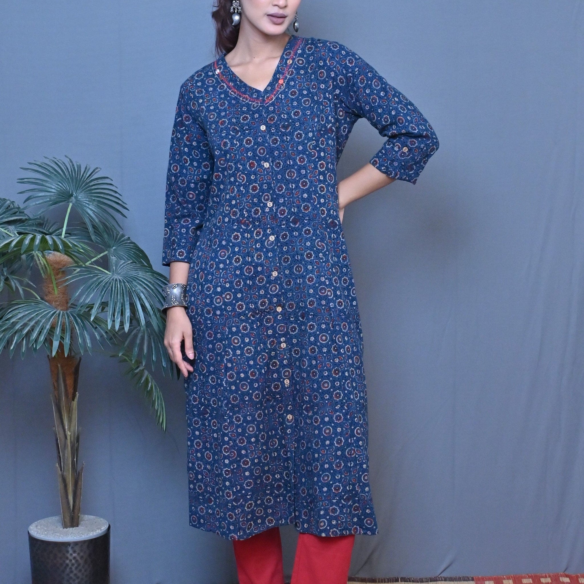 Indigo Ajrakh Block Printed A Line Kurta With Kantha Hand Embroidery Detailing