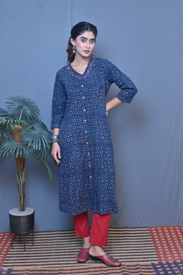 Indigo Ajrakh Block Printed A Line Kurta With Kantha Hand Embroidery Detailing