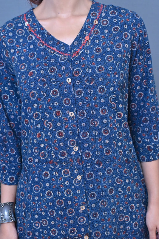 Indigo Ajrakh Block Printed A Line Kurta With Kantha Hand Embroidery Detailing