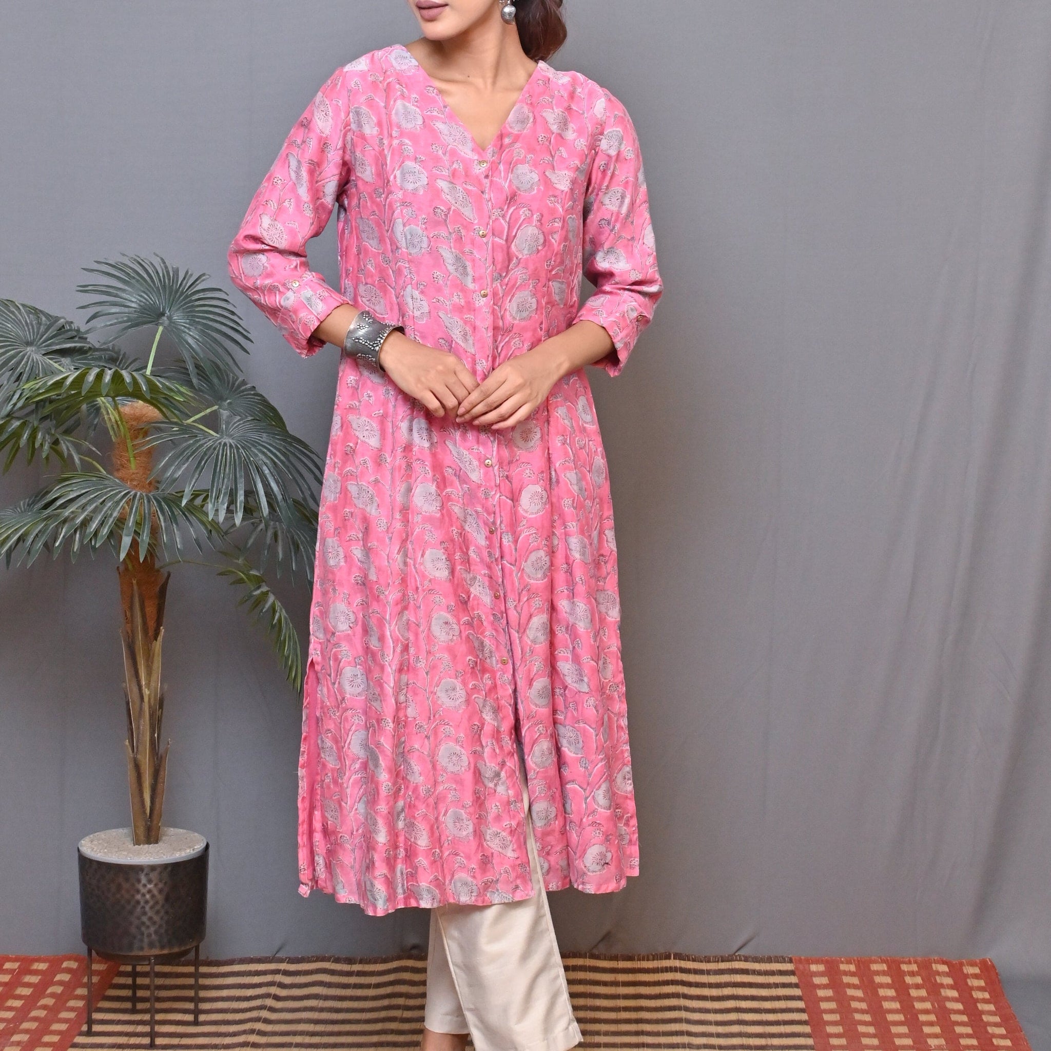 Pink V Neck  Kalidar Front Open Chanderi Kurta With Mukesh Work