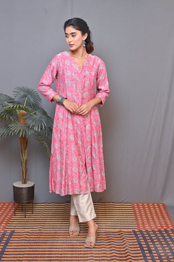 Pink V Neck  Kalidar Front Open Chanderi Kurta With Mukesh Work