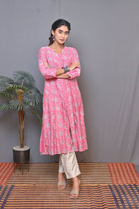 Pink V Neck  Kalidar Front Open Chanderi Kurta With Mukesh Work