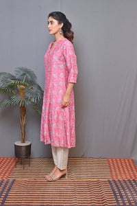 Pink V Neck  Kalidar Front Open Chanderi Kurta With Mukesh Work