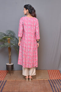 Pink V Neck  Kalidar Front Open Chanderi Kurta With Mukesh Work