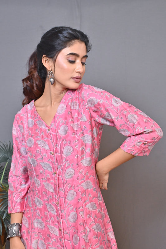 Pink V Neck  Kalidar Front Open Chanderi Kurta With Mukesh Work