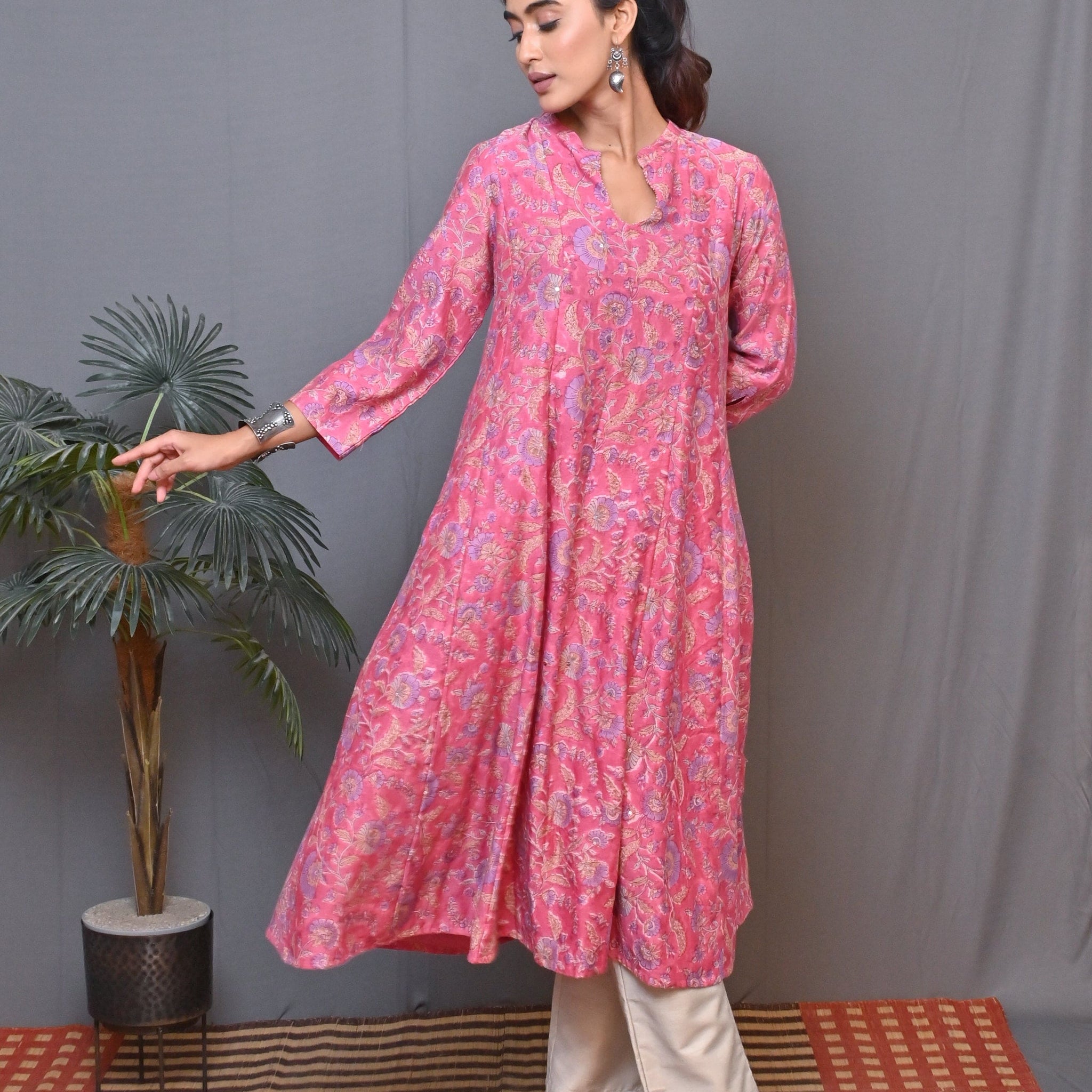 Pink  Kalidar Chanderi Kurta With Mukesh Work