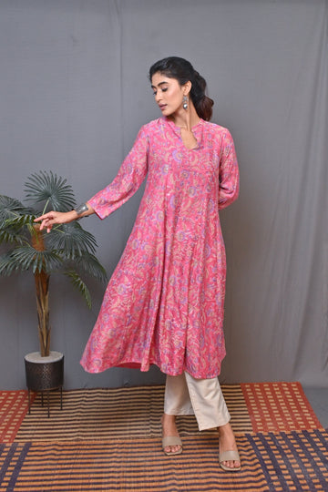 Pink  Kalidar Chanderi Kurta With Mukesh Work