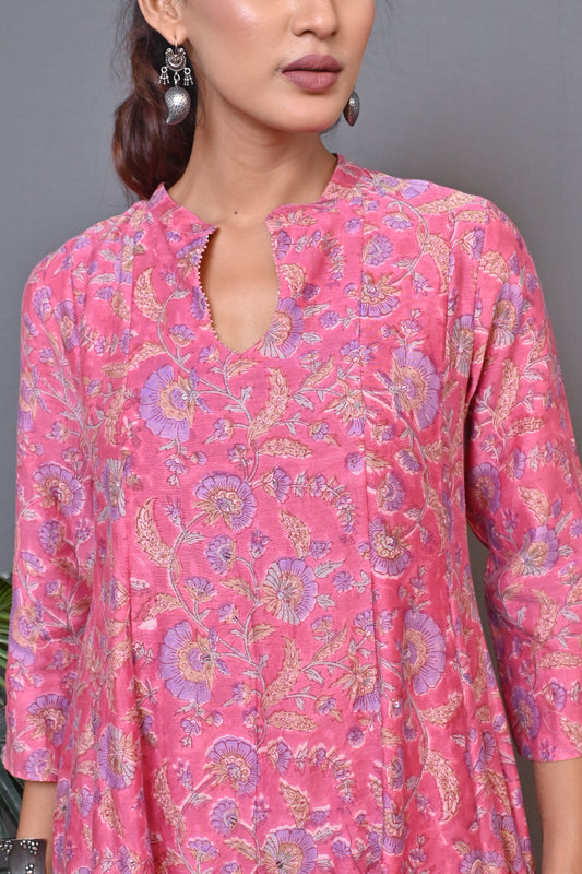 Pink  Kalidar Chanderi Kurta With Mukesh Work