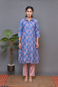 Blue Shirt Collar Front Open Chanderi Kurta With Mukesh Work