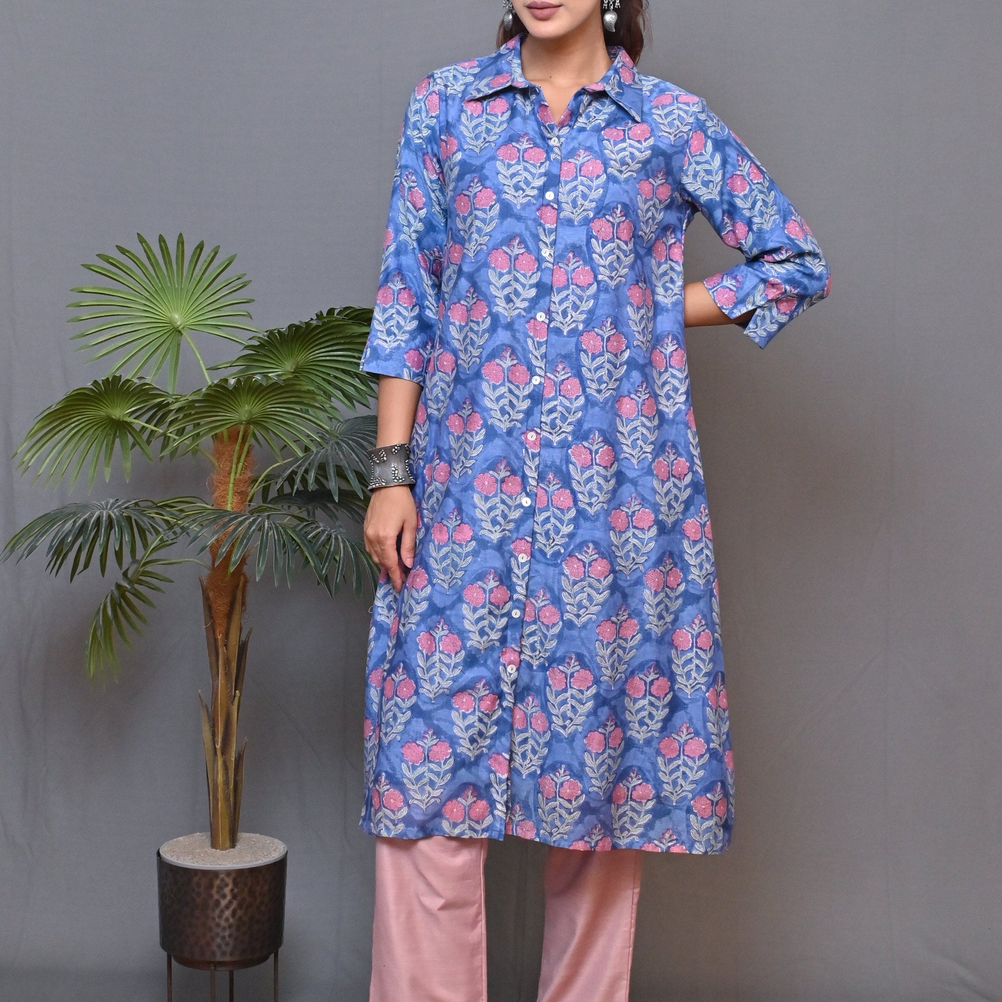 Blue Shirt Collar Front Open Chanderi Kurta With Mukesh Work