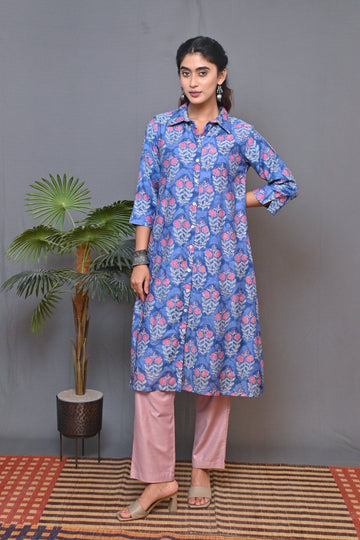 Blue Shirt Collar Front Open Chanderi Kurta With Mukesh Work